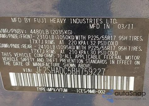 2011 Subaru Forester 2.5X Premium from USA, damaged, VIN JF2SHADC5BH759227